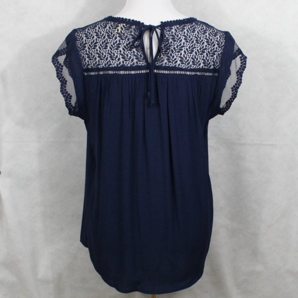 Vintage 90's Anthropologie Meadow Rue Blue Rayon Blouse w/ Lace SZ MP EUC - Picture 4 of 10